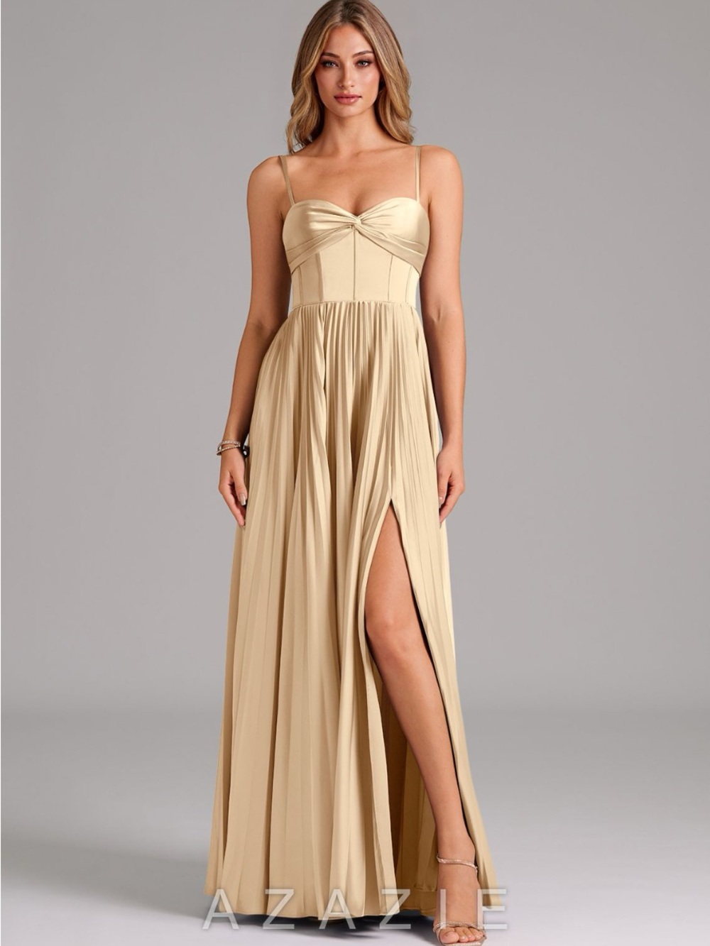 Azazie Akiko Champagne Pleated Spaghetti-Strap Bridesmaid Dress with Thigh Slit